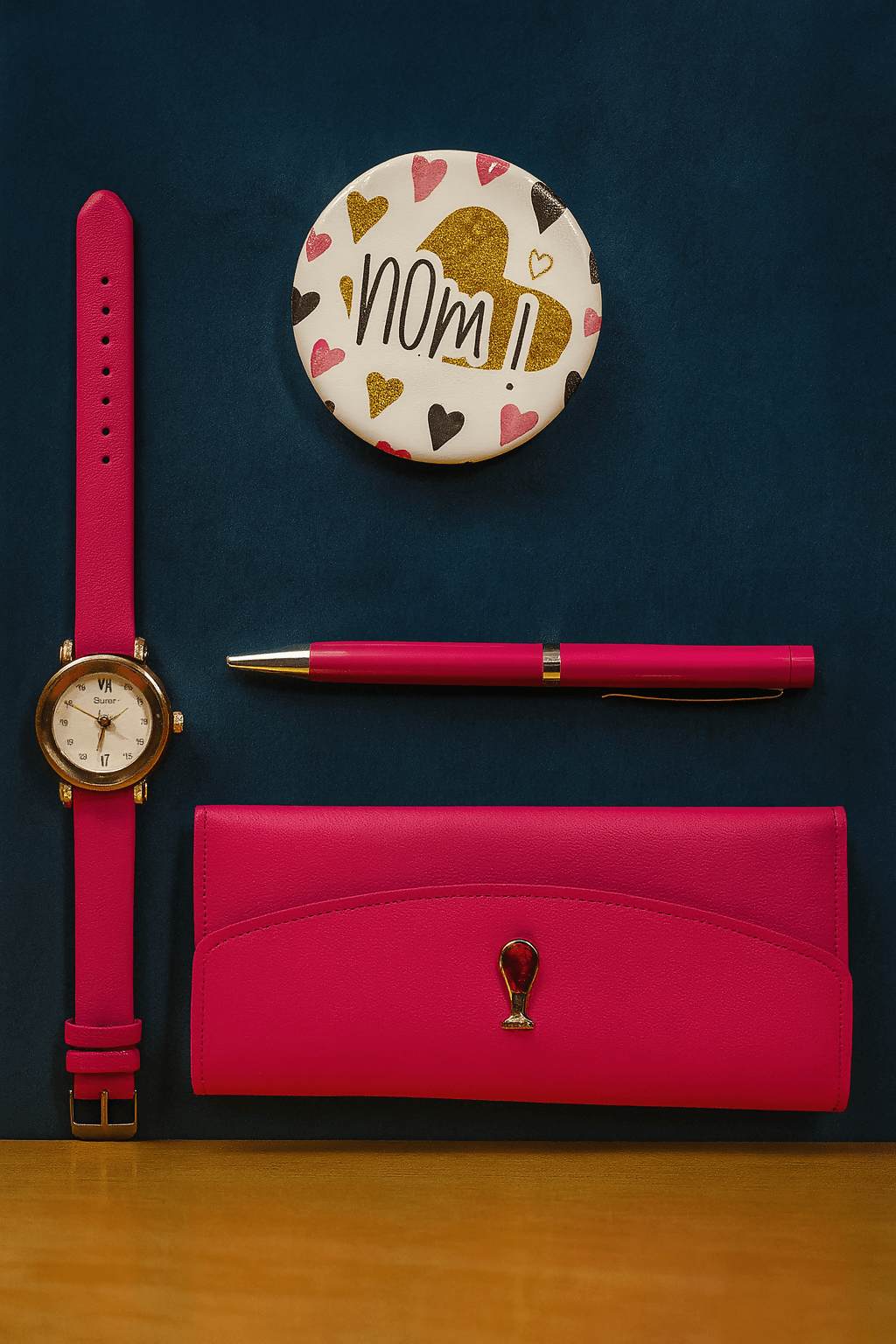 Elegant Pink 4-in-1 Women's Gift Set: Watch, Wallet, Pen, Mirror