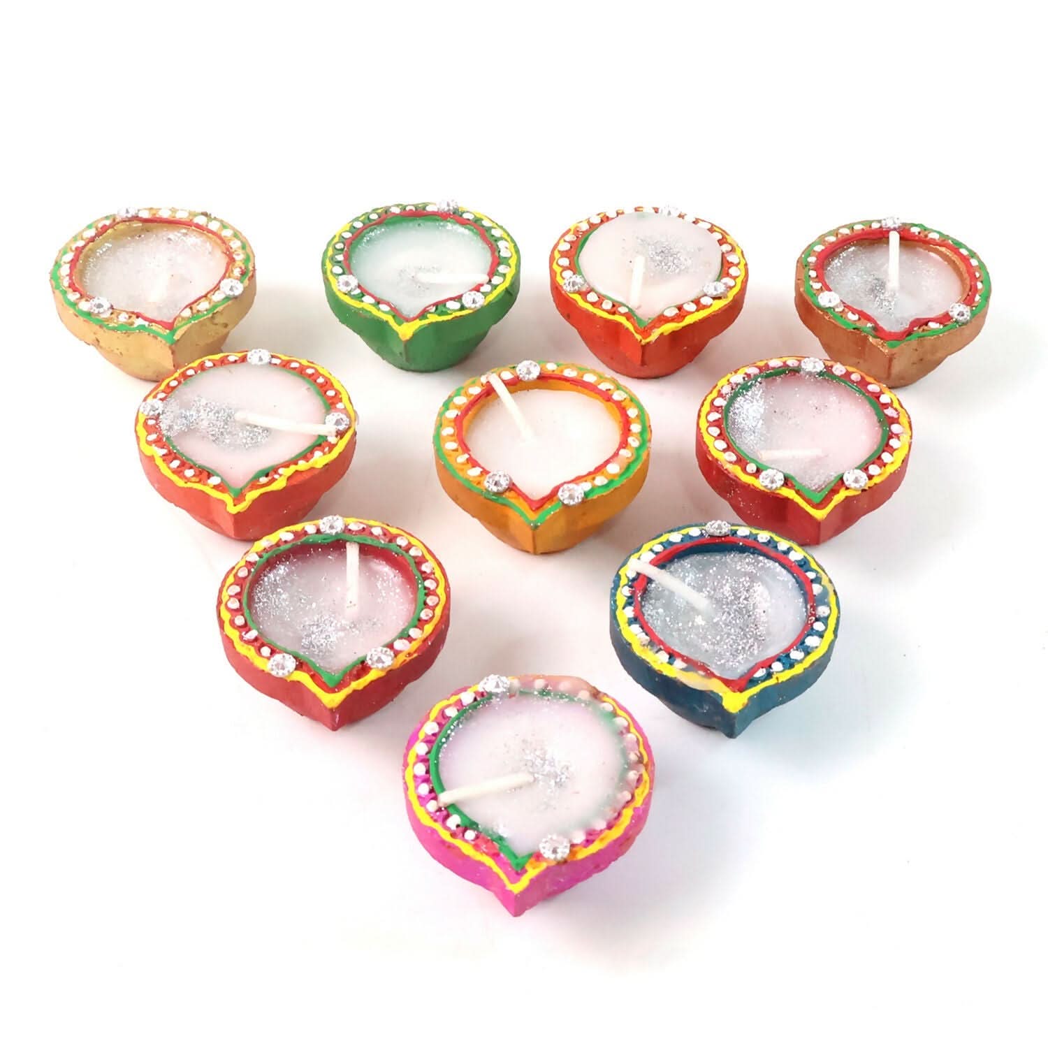 Vibrant Handcrafted Clay Diya Set 10: Glitter Stone Oil Lamps for Diwali