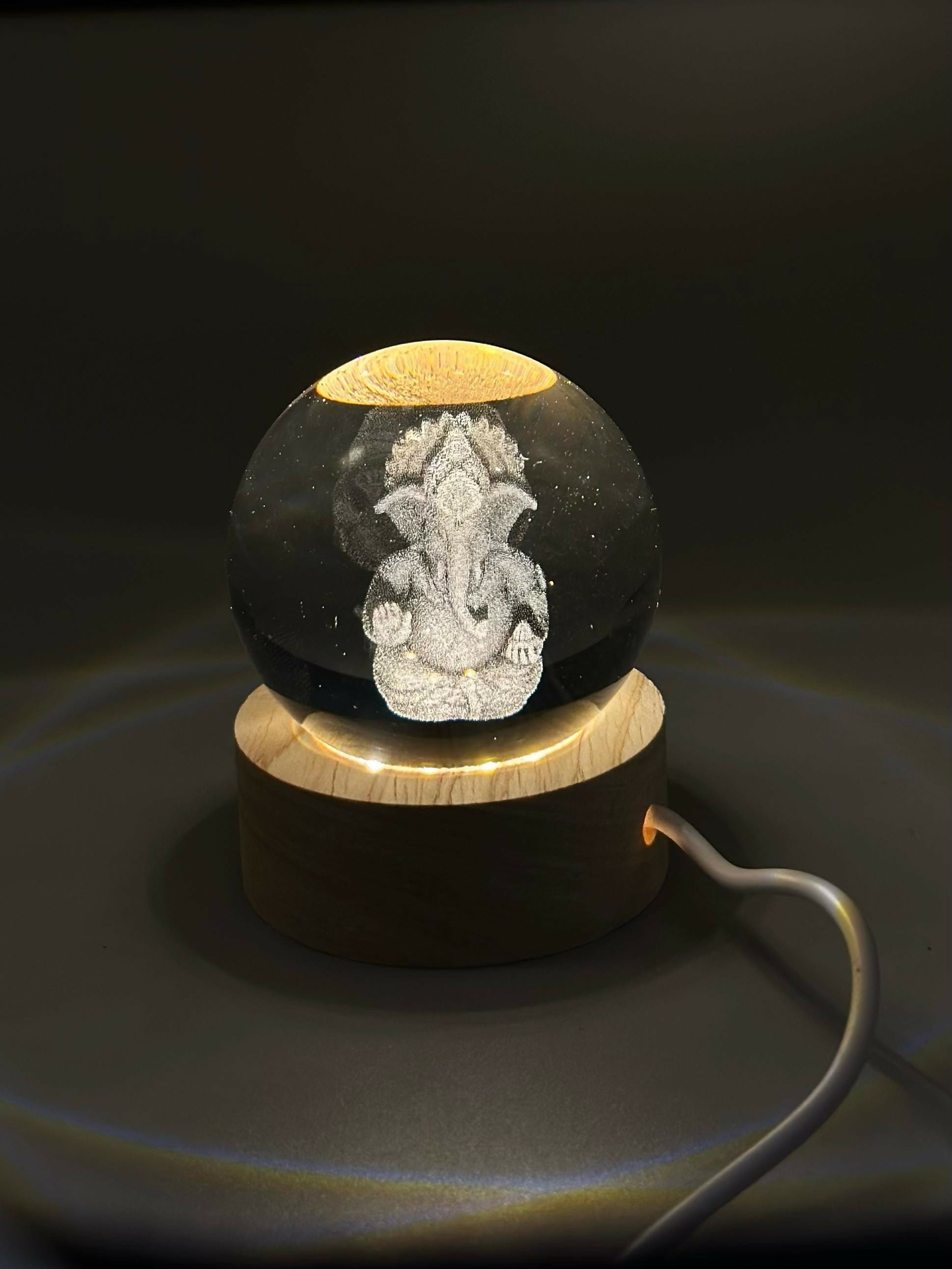 Divine 3D Crystal Ganesha LED Night Lamp with USB Wooden Base