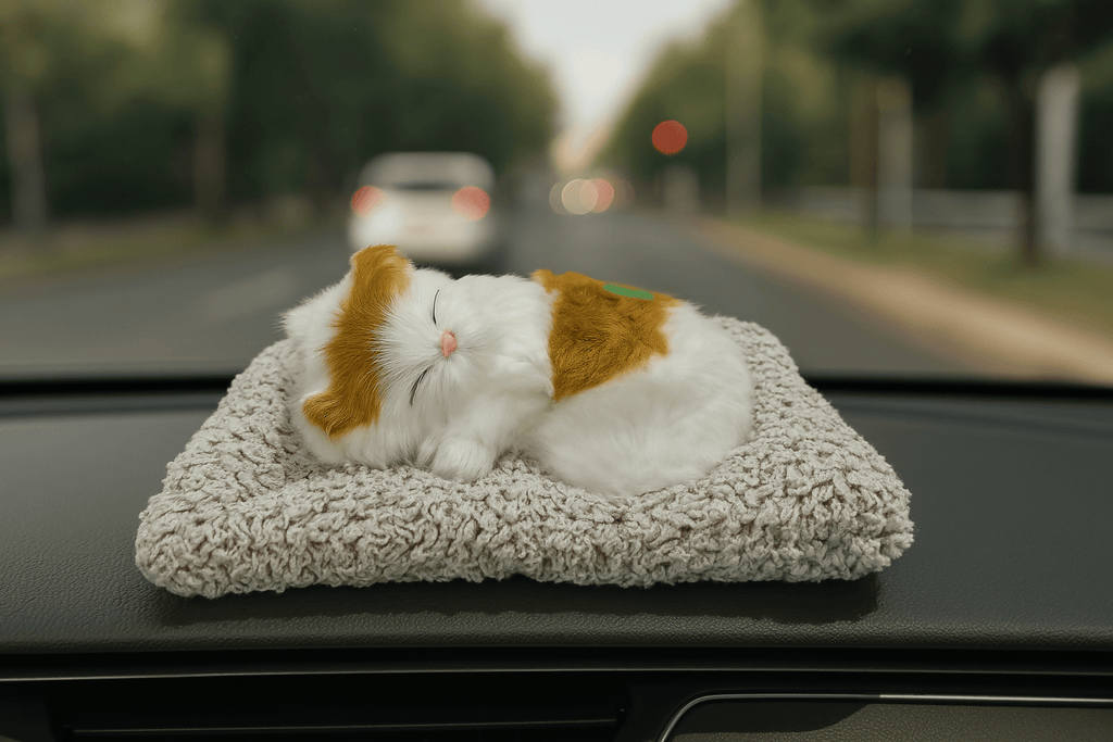 Realistic Plush Sleeping Cat Figurine: White/Orange Faux Kitten with Fluffy Bed
