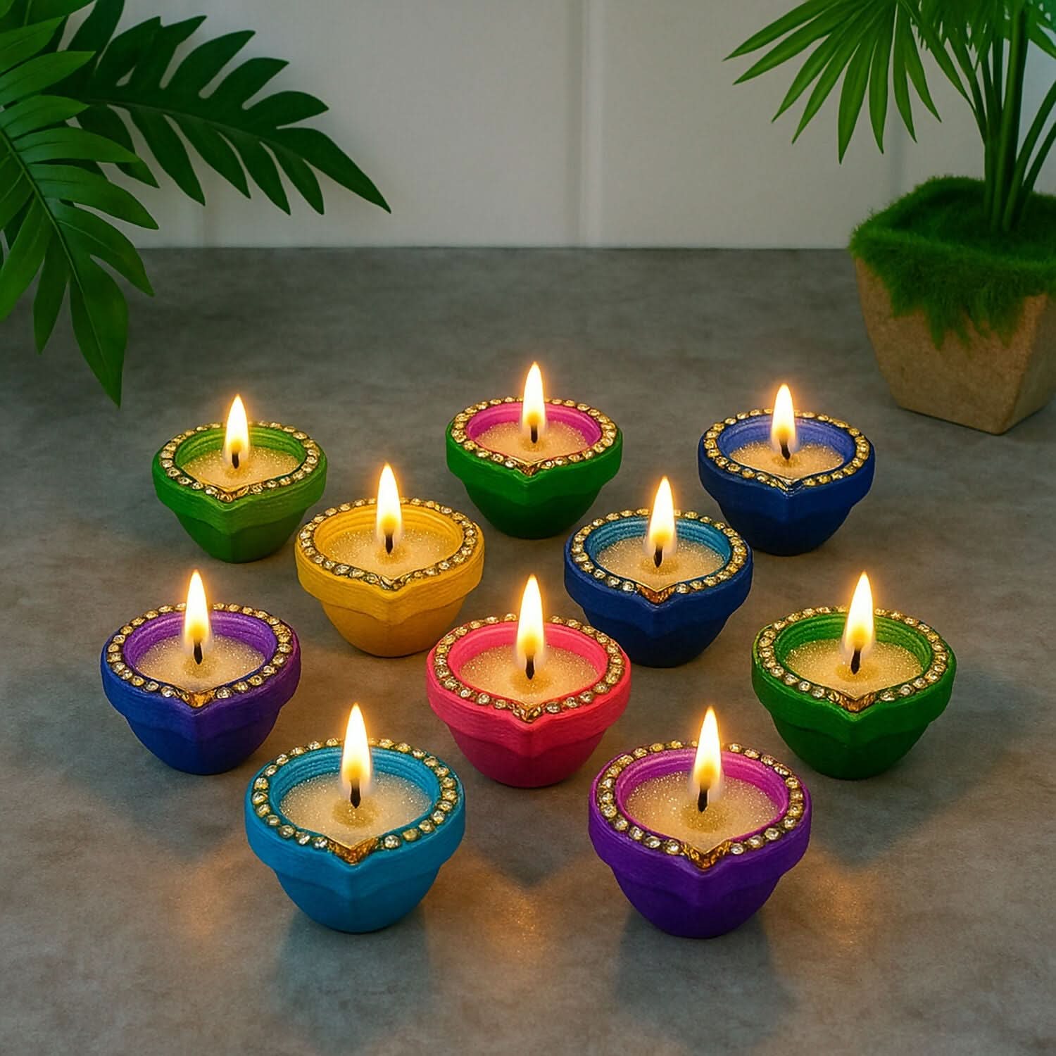 Vibrant Handcrafted Clay Diya Set 10: Glitter Stone Oil Lamps for Diwali