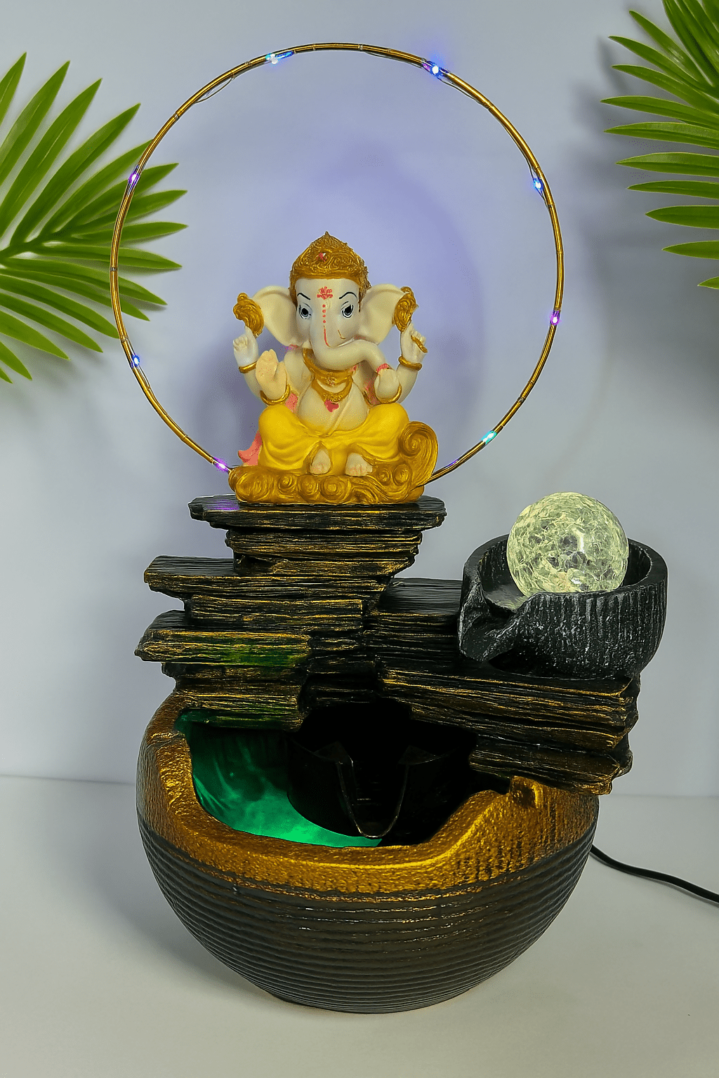 Divine Ganesh LED Water Fountain: Crystal Ball, LED Glow, Home Office Decor